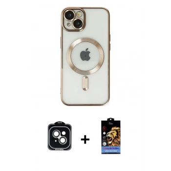 MARSİLYAN™- iPhone 14 Kılıf Nova Işık Özel Seri - Siyah Buffer Hayalet Cam Ekran Koruyucu + PVD Metal Kamera Lens - YL