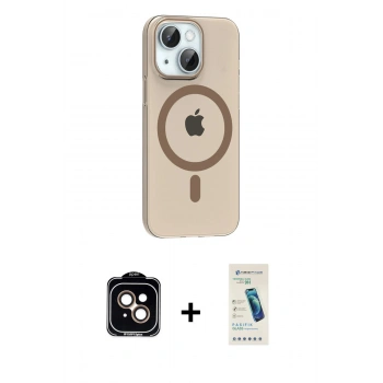 MARSİLYAN™- iPhone 14 Kılıf Pusula Form Özel Seri - Şeffaf Pasifik Cam Ekran Koruyucu + PVD Metal Kamera Lens - TU