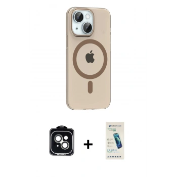 MARSİLYAN™- iPhone 14 Kılıf Pusula Form Özel Seri - Şeffaf Pasifik Cam Ekran Koruyucu + PVD Metal Kamera Lens - YL
