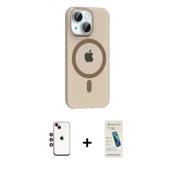 MARSİLYAN™- iPhone 14 Kılıf Pusula Form Özel Seri - Şeffaf Pasifik Cam Ekran Koruyucu + Shine Kamera Lens - KI