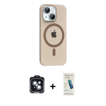 MARSİLYAN™- iPhone 14 Kılıf Pusula Form Özel Seri - Şeffaf Pasifik Cam Ekran Koruyucu + PVD Metal Kamera Lens - SH