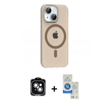 MARSİLYAN™- iPhone 14 Kılıf Pusula Form Özel Seri - Şeffaf Royal Nano Ekran Koruyucu + PVD Metal Kamera Lens - YL