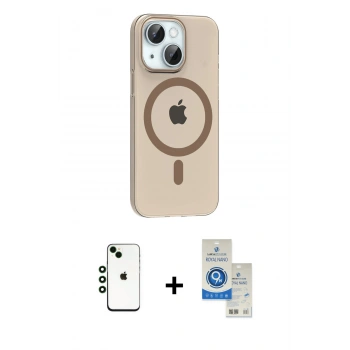 MARSİLYAN™- iPhone 14 Kılıf Pusula Form Özel Seri - Şeffaf Royal Nano Ekran Koruyucu + Shine Kamera Lens - YL