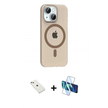 MARSİLYAN™- iPhone 14 Kılıf Pusula Form Özel Seri - Siyah 3D Antistatik Cam Ekran Koruyucu + Diamond Kamera Lens - PE