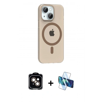 MARSİLYAN™- iPhone 14 Kılıf Pusula Form Özel Seri - Siyah 3D Antistatik Cam Ekran Koruyucu + PVD Metal Kamera Lens - TU