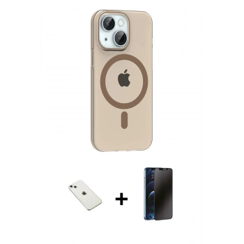 MARSİLYAN™- iPhone 14 Kılıf Pusula Form Özel Seri - Siyah 3D Antistatik Hayalet Cam Ekran Koruyucu + Diamond Kamera Lens - SABE