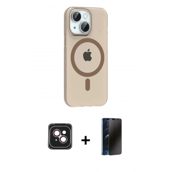 MARSİLYAN™- iPhone 14 Kılıf Pusula Form Özel Seri - Siyah 3D Antistatik Hayalet Cam Ekran Koruyucu + PVD Metal Kamera Lens - PE