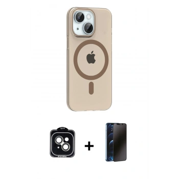 MARSİLYAN™- iPhone 14 Kılıf Pusula Form Özel Seri - Siyah 3D Antistatik Hayalet Cam Ekran Koruyucu + PVD Metal Kamera Lens - YL