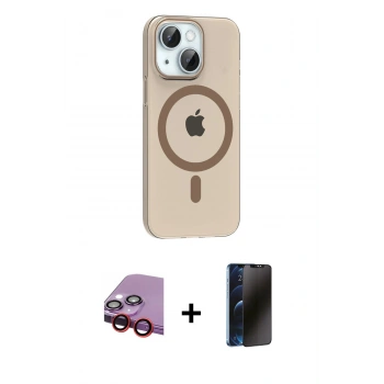 MARSİLYAN™- iPhone 14 Kılıf Pusula Form Özel Seri - Siyah 3D Antistatik Hayalet Cam Ekran Koruyucu + Raze Metal Kamera Lens - KI