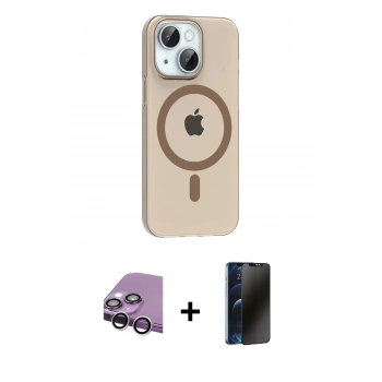 MARSİLYAN™- iPhone 14 Kılıf Pusula Form Özel Seri - Siyah 3D Antistatik Hayalet Cam Ekran Koruyucu + Raze Metal Kamera Lens - GS
