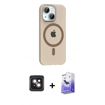 MARSİLYAN™- iPhone 14 Kılıf Pusula Form Özel Seri - Siyah Bilvis 5in1 5D Magic Hayalet Cam Ekran Koruyucu + PVD Metal Kamera Lens - PE