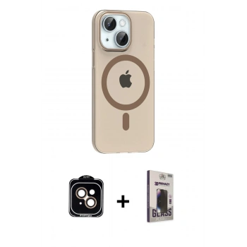 MARSİLYAN™- iPhone 14 Kılıf Pusula Form Özel Seri - Siyah Bilvis Hayalet Cam Ekran Koruyucu + PVD Metal Kamera Lens - TU