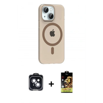 MARSİLYAN™- iPhone 14 Kılıf Pusula Form Özel Seri - Siyah Buffer Cam Ekran Koruyucu + PVD Metal Kamera Lens - SH