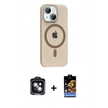 MARSİLYAN™- iPhone 14 Kılıf Pusula Form Özel Seri - Siyah Buffer Hayalet Cam Ekran Koruyucu + PVD Metal Kamera Lens - SH