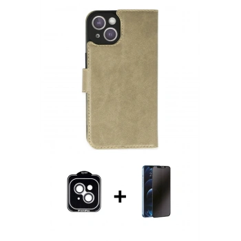 MARSİLYAN™- iPhone 14 Kılıf Siluet Işık Serisi - Siyah 3D Antistatik Hayalet Cam Ekran Koruyucu + PVD Metal Kamera Lens - GS