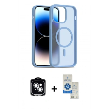 MARSİLYAN™- iPhone 14 Kılıf Siluet Minimal Prime - Şeffaf Royal Nano Ekran Koruyucu + PVD Metal Kamera Lens - GS