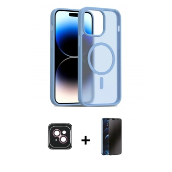 MARSİLYAN™- iPhone 14 Kılıf Siluet Minimal Prime - Siyah 3D Antistatik Hayalet Cam Ekran Koruyucu + PVD Metal Kamera Lens - PE