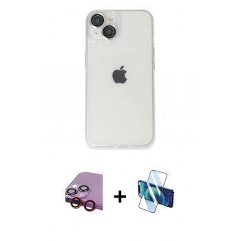 MARSİLYAN™- iPhone 14 Kılıf Ufuk Minimal Özel Seri - Siyah 3D Antistatik Cam Ekran Koruyucu + Raze Metal Kamera Lens - KI