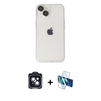 MARSİLYAN™- iPhone 14 Kılıf Ufuk Minimal Özel Seri - Siyah 3D Antistatik Cam Ekran Koruyucu + PVD Metal Kamera Lens - SH