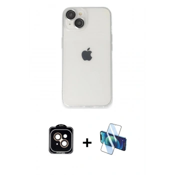 MARSİLYAN™- iPhone 14 Kılıf Ufuk Minimal Özel Seri - Siyah 3D Antistatik Cam Ekran Koruyucu + PVD Metal Kamera Lens - TU