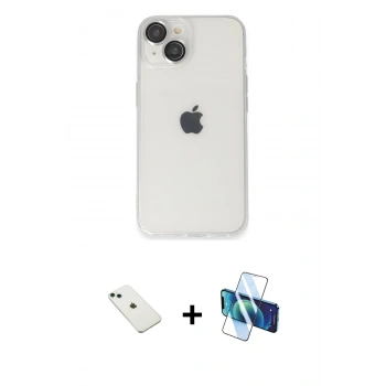 MARSİLYAN™- iPhone 14 Kılıf Ufuk Minimal Özel Seri - Siyah 3D Antistatik Cam Ekran Koruyucu + Diamond Kamera Lens - YL