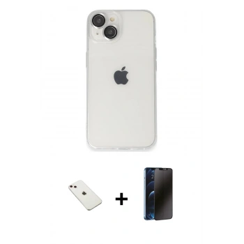 MARSİLYAN™- iPhone 14 Kılıf Ufuk Minimal Özel Seri - Siyah 3D Antistatik Hayalet Cam Ekran Koruyucu + Diamond Kamera Lens - PE