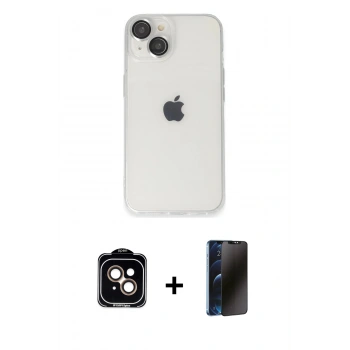 MARSİLYAN™- iPhone 14 Kılıf Ufuk Minimal Özel Seri - Siyah 3D Antistatik Hayalet Cam Ekran Koruyucu + PVD Metal Kamera Lens - TU