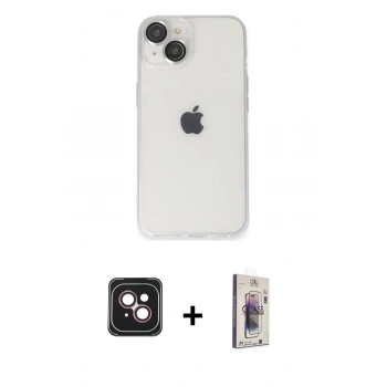 MARSİLYAN™- iPhone 14 Kılıf Ufuk Minimal Özel Seri - Siyah Bilvis 3D Cam Ekran Koruyucu + PVD Metal Kamera Lens - PE