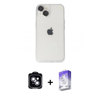 MARSİLYAN™- iPhone 14 Kılıf Ufuk Minimal Özel Seri - Siyah Bilvis 5in1 3D Magic Cam Ekran Koruyucu + PVD Metal Kamera Lens - MI