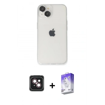 MARSİLYAN™- iPhone 14 Kılıf Ufuk Minimal Özel Seri - Siyah Bilvis 5in1 3D Magic Cam Ekran Koruyucu + PVD Metal Kamera Lens - PE