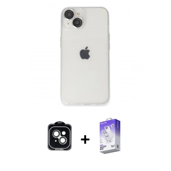 MARSİLYAN™- iPhone 14 Kılıf Ufuk Minimal Özel Seri - Siyah Bilvis 5in1 3D Magic Cam Ekran Koruyucu + PVD Metal Kamera Lens - YL