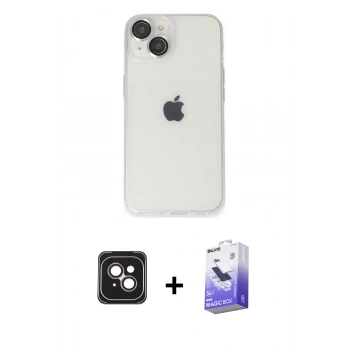 MARSİLYAN™- iPhone 14 Kılıf Ufuk Minimal Özel Seri - Siyah Bilvis 5in1 5D Magic Hayalet Cam Ekran Koruyucu + PVD Metal Kamera Lens - PE