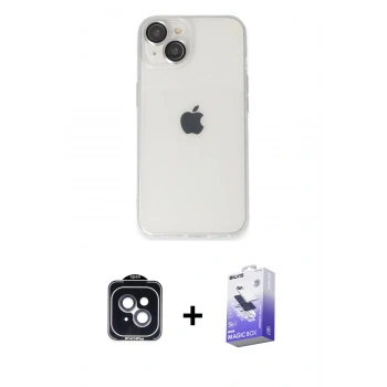 MARSİLYAN™- iPhone 14 Kılıf Ufuk Minimal Özel Seri - Siyah Bilvis 5in1 5D Magic Hayalet Cam Ekran Koruyucu + PVD Metal Kamera Lens - SH