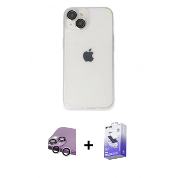 MARSİLYAN™- iPhone 14 Kılıf Ufuk Minimal Özel Seri - Siyah Bilvis 5in1 5D Magic Hayalet Cam Ekran Koruyucu + Raze Metal Kamera Lens - GS