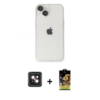 MARSİLYAN™- iPhone 14 Kılıf Ufuk Minimal Özel Seri - Siyah Buffer Cam Ekran Koruyucu + PVD Metal Kamera Lens - PE