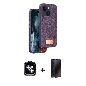 MARSİLYAN™- iPhone 14 Kılıf Vadi Klasik Serisi - Siyah 3D Antistatik Hayalet Cam Ekran Koruyucu + PVD Metal Kamera Lens - MI