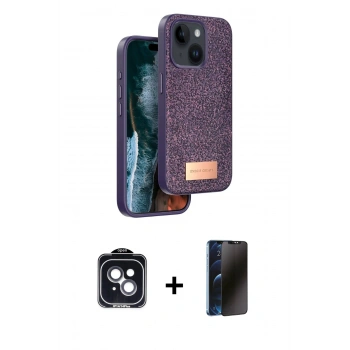 MARSİLYAN™- iPhone 14 Kılıf Vadi Klasik Serisi - Siyah 3D Antistatik Hayalet Cam Ekran Koruyucu + PVD Metal Kamera Lens - SH