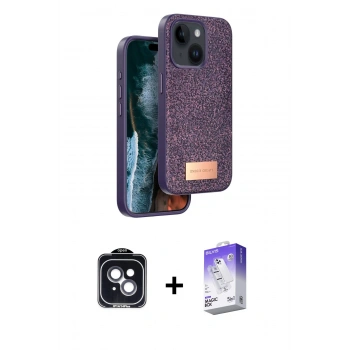 MARSİLYAN™- iPhone 14 Kılıf Vadi Klasik Serisi - Siyah Bilvis 5in1 3D Magic Cam Ekran Koruyucu + PVD Metal Kamera Lens - SH