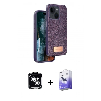 MARSİLYAN™- iPhone 14 Kılıf Vadi Klasik Serisi - Siyah Bilvis 5in1 5D Magic Hayalet Cam Ekran Koruyucu + PVD Metal Kamera Lens - GS