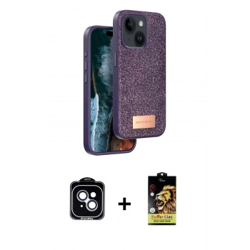 MARSİLYAN™- iPhone 14 Kılıf Vadi Klasik Serisi - Siyah Buffer Cam Ekran Koruyucu + PVD Metal Kamera Lens - MI