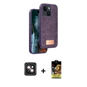 MARSİLYAN™- iPhone 14 Kılıf Vadi Klasik Serisi - Siyah Buffer Cam Ekran Koruyucu + PVD Metal Kamera Lens - PE