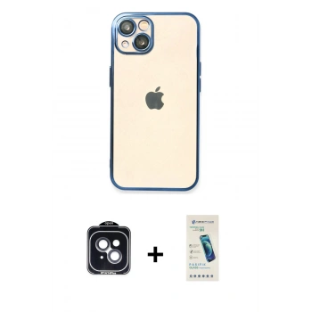 MARSİLYAN™- iPhone 14 Kılıf Vadi Minimal - Şeffaf Pasifik Cam Ekran Koruyucu + PVD Metal Kamera Lens - SH