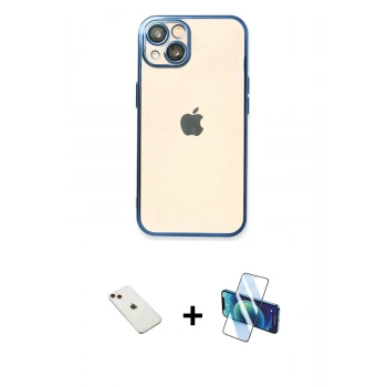 MARSİLYAN™- iPhone 14 Kılıf Vadi Minimal - Siyah 3D Antistatik Cam Ekran Koruyucu + Diamond Kamera Lens - KI