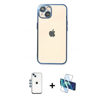 MARSİLYAN™- iPhone 14 Kılıf Vadi Minimal - Siyah 3D Antistatik Cam Ekran Koruyucu + Shine Kamera Lens - MI