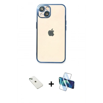 MARSİLYAN™- iPhone 14 Kılıf Vadi Minimal - Siyah 3D Antistatik Cam Ekran Koruyucu + Diamond Kamera Lens - YL