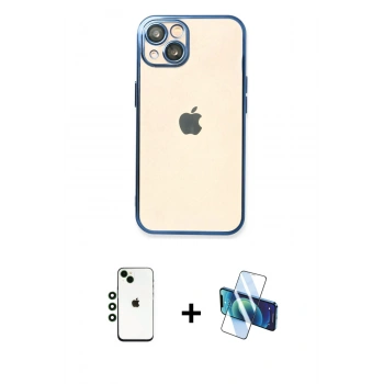 MARSİLYAN™- iPhone 14 Kılıf Vadi Minimal - Siyah 3D Antistatik Cam Ekran Koruyucu + Shine Kamera Lens - YL
