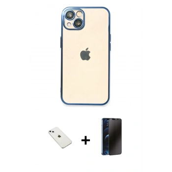 MARSİLYAN™- iPhone 14 Kılıf Vadi Minimal - Siyah 3D Antistatik Hayalet Cam Ekran Koruyucu + Diamond Kamera Lens - SABE