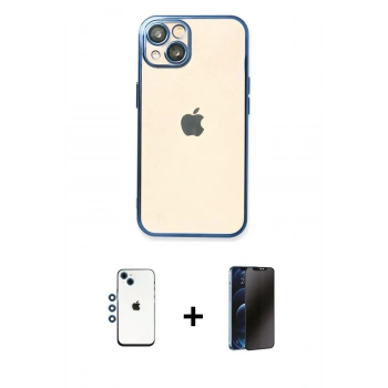 MARSİLYAN™- iPhone 14 Kılıf Vadi Minimal - Siyah 3D Antistatik Hayalet Cam Ekran Koruyucu + Shine Kamera Lens - MI