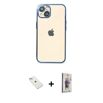 MARSİLYAN™- iPhone 14 Kılıf Vadi Minimal - Siyah Bilvis 3D Cam Ekran Koruyucu + Diamond Kamera Lens - PE