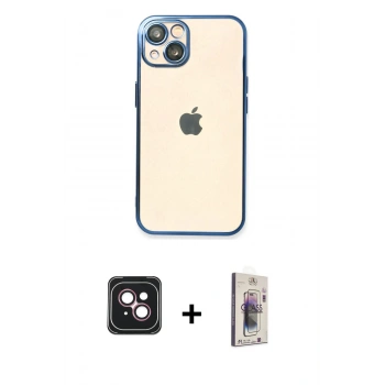 MARSİLYAN™- iPhone 14 Kılıf Vadi Minimal - Siyah Bilvis 3D Cam Ekran Koruyucu + PVD Metal Kamera Lens - PE